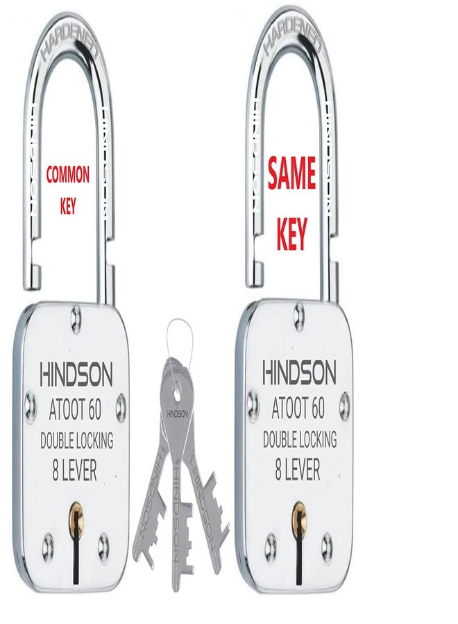 HINDSON Locks with Same Key, Common Key Lock, 2 Lock with Single Key, Steel Double Locking, 8 Lever Padlock for Door, Gate, Shutter, Home Silver Finish, (ATOOT 60 Same Key) - Image 1
